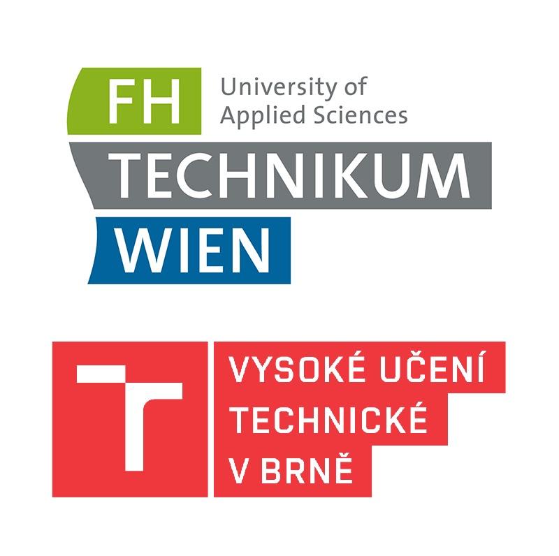 Oben das Logo der Fachhochschule Technikum Wien, unten das der Vysoké učení technické v Brně (Technische Universität Brünn) in Rot und Weiß.