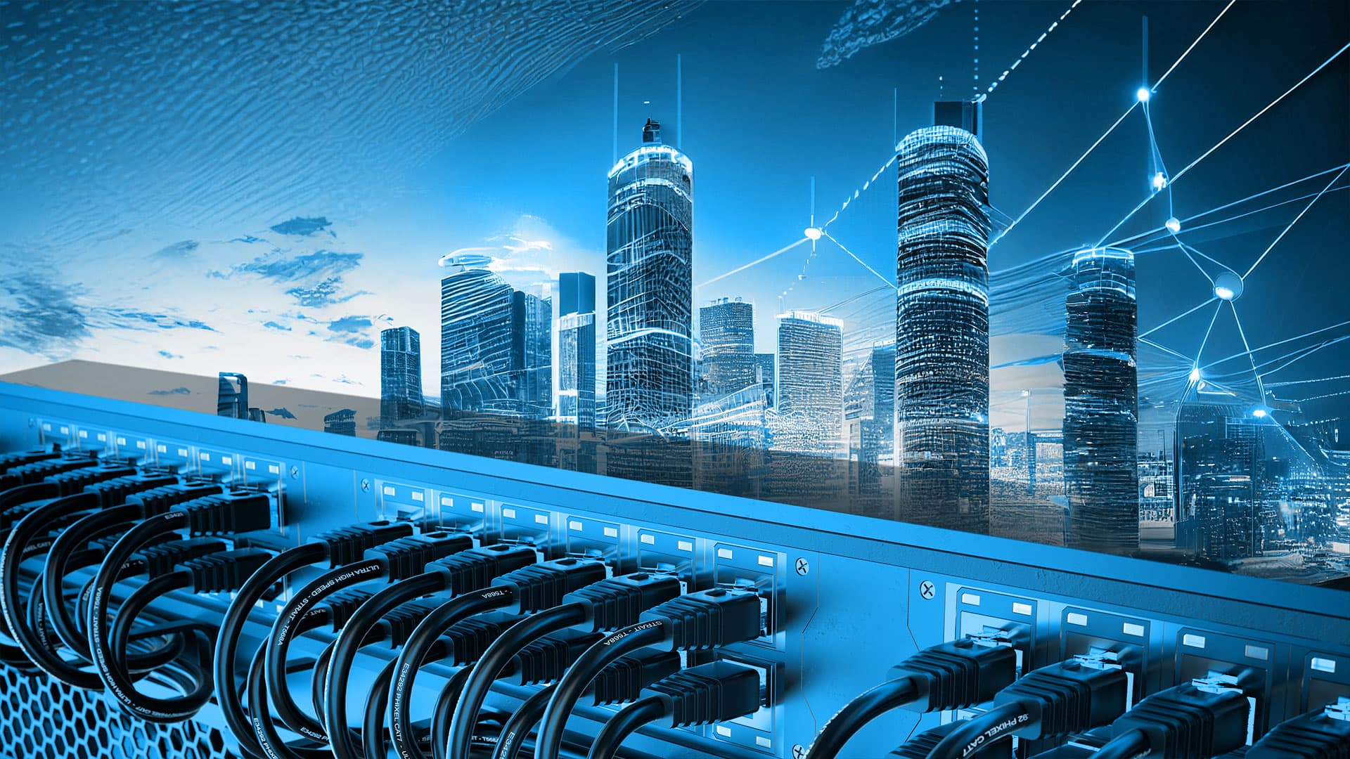Eine Stadtsilhouette mit hohen Gebäuden wird überlagert von einem digitalen Netzwerknetz und Kabeln, die an einen Netzwerk-Switch angeschlossen sind und moderne Technologie und städtische Konnektivität symbolisieren.