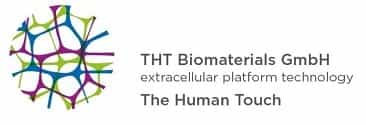 Buntes abstraktes Netzwerklogo links, mit dem Text THT Biomaterials GmbH extracellular platform technology The Human Touch rechts.
