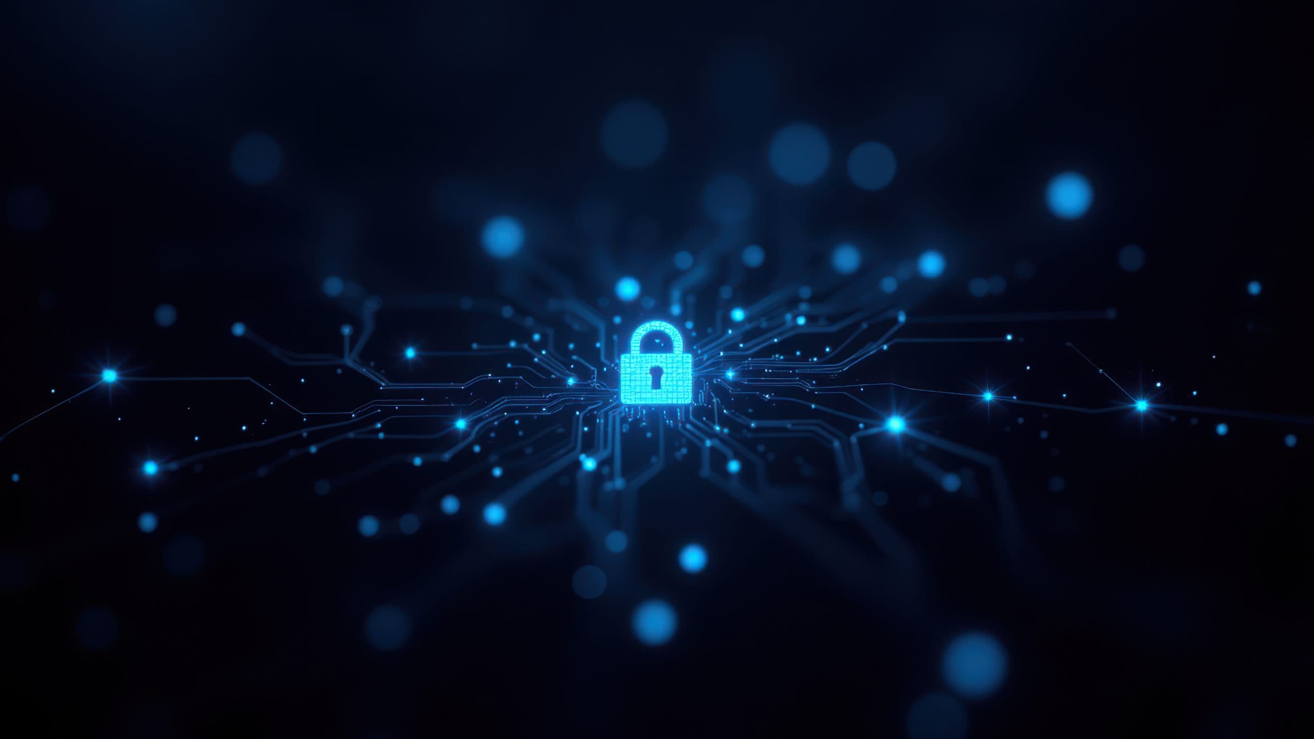 Ein leuchtend blaues Vorhängeschloss-Symbol befindet sich in der Mitte eines dunklen Hintergrunds, umgeben von digitalen Schaltkreisen und hellen Punkten, die für Cybersicherheit und Datenschutz stehen.
