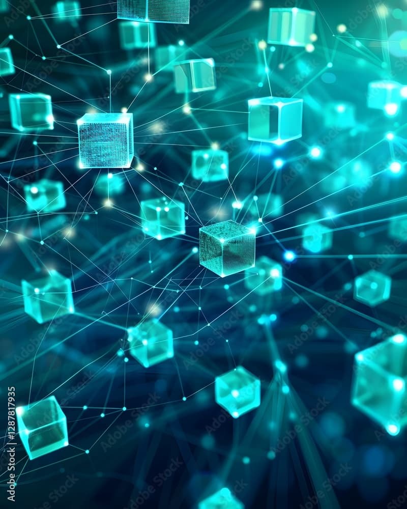 Eine digitale Illustration von leuchtenden, transparenten Würfeln, die durch helle Linien verbunden sind und die Blockchain-Technologie oder ein dezentrales Netzwerk auf einem blauen und blaugrünen abstrakten Hintergrund darstellen.
