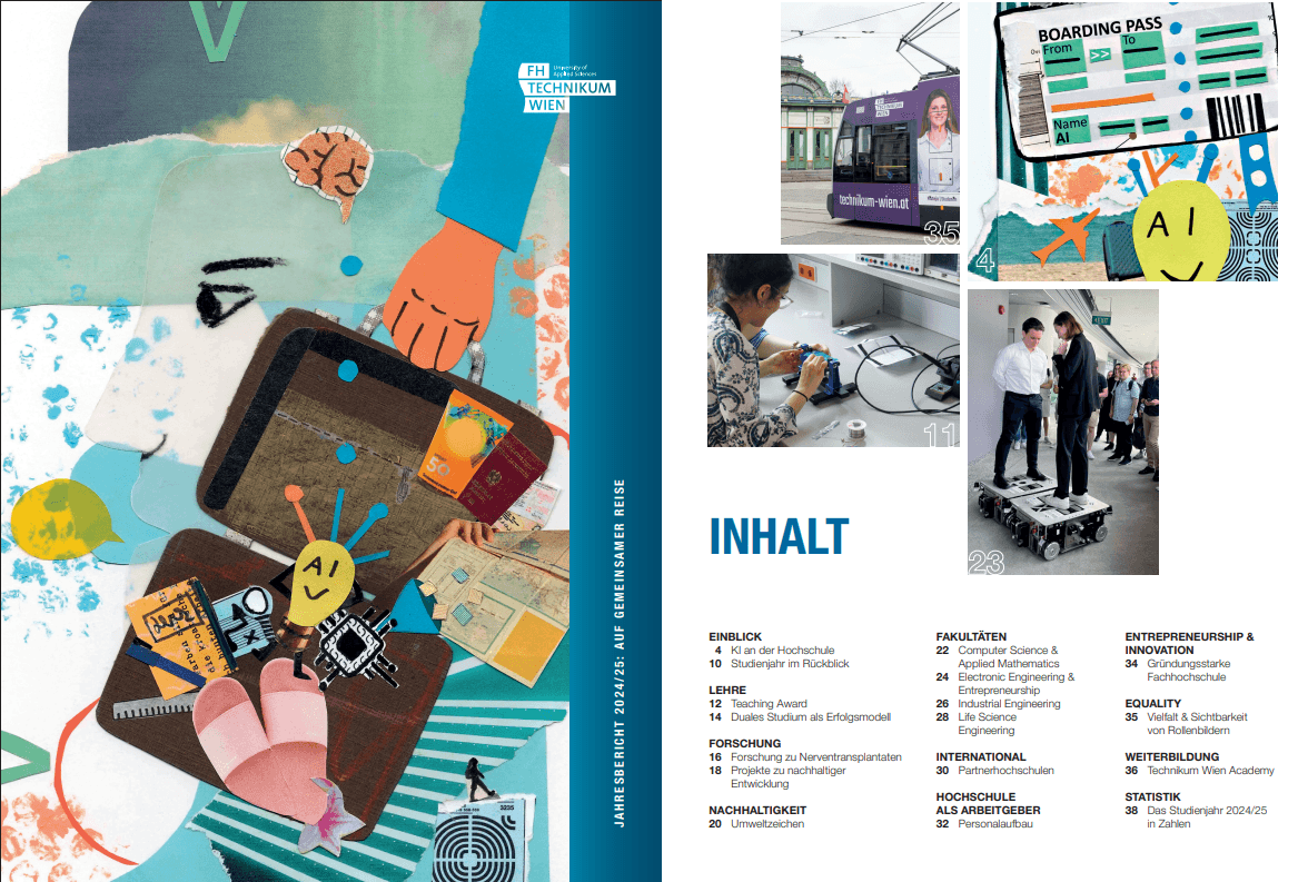 Eine Collage mit Scherenschnitten und Zeichnungen auf der linken Seite; auf der rechten Seite zeigen Fotos eine Frau und einen Roboter, eine Straßenbahn mit Werbung, eine bunte Bordkarte und zwei Personen, die einen Roboter bewegen. Das Wort 'INHALT' ist in blauer Schrift zentriert.