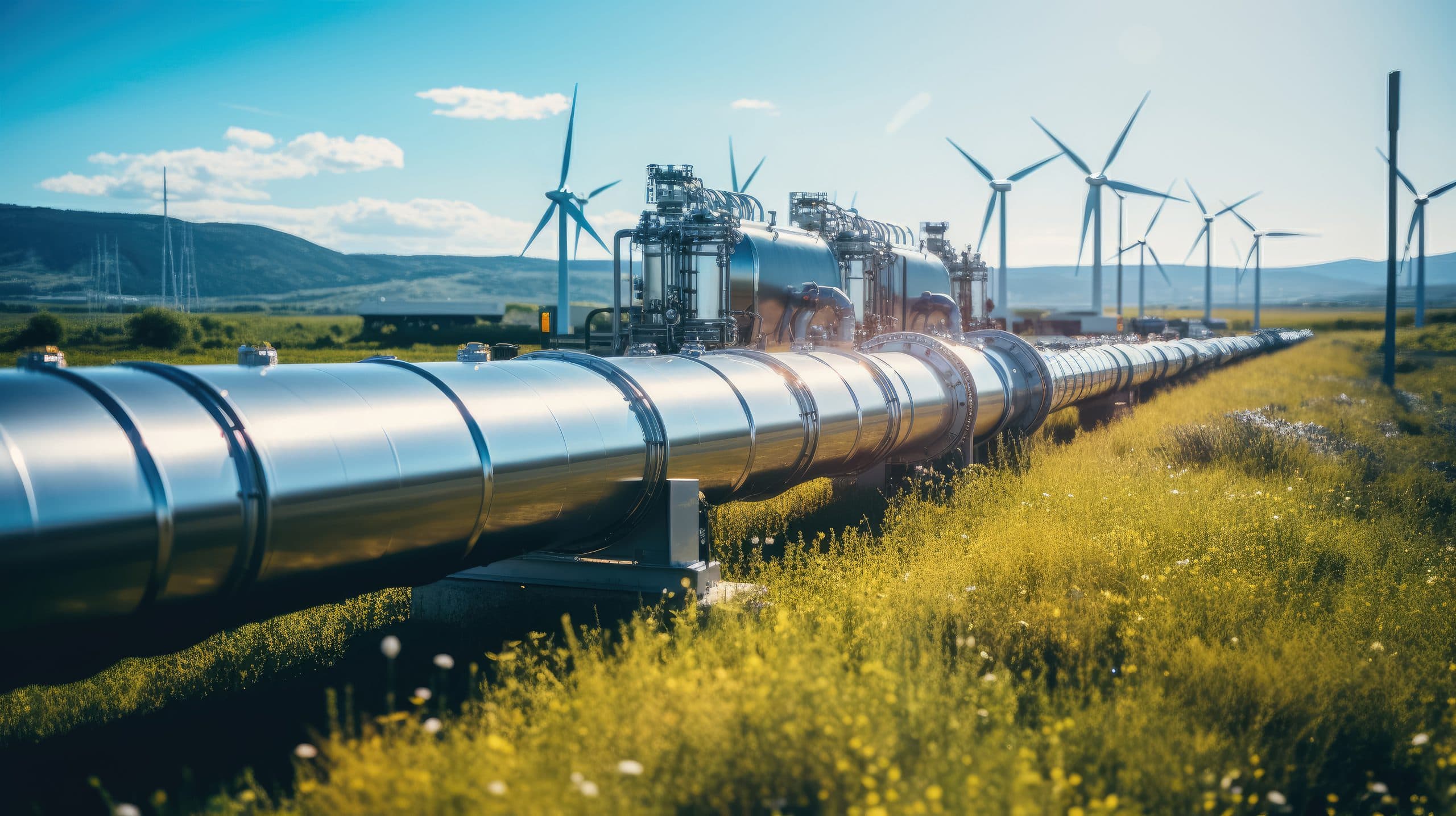 Eine große Metallpipeline verläuft durch ein grasbewachsenes Feld mit Wildblumen, umgeben von Windturbinen und fernen Hügeln unter einem strahlend blauen Himmel.