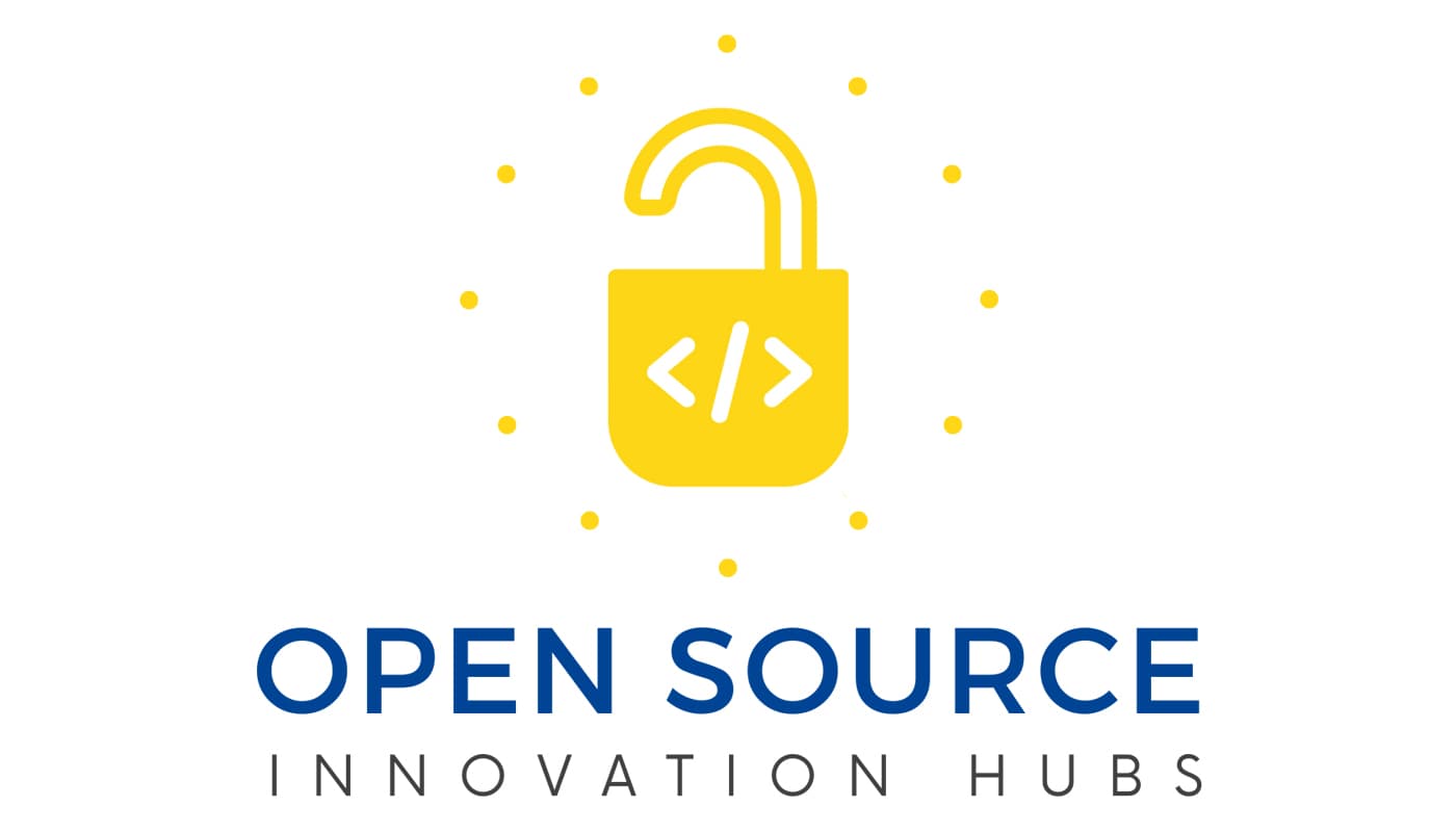 Ein gelbes offenes Vorhängeschloss mit einem Code in Klammern, umgeben von kleinen gelben Punkten, über dem Text OPEN SOURCE INNOVATION HUBS in blauen und grauen Großbuchstaben.