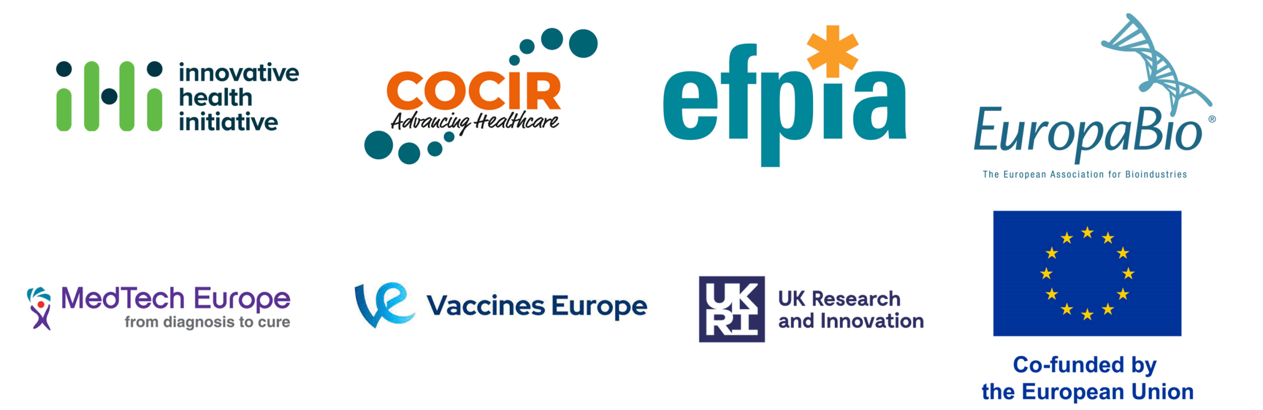Eine Sammlung von Logos von Gesundheits- und Forschungsorganisationen, darunter Innovative Health Initiative, COCIR, EFPIA, EuropaBio, MedTech Europe, Vaccines Europe, UK Research and Innovation und die Europäische Union.