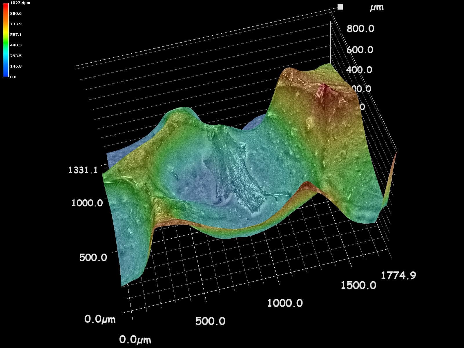 Ein 3D-Oberflächendiagramm zeigt einen topografischen Scan mit unterschiedlichen Höhen, farbkodiert von blau (niedrigste) bis rot (höchste). Die Achsen sind in Mikrometern (µm) beschriftet, und die Gitterlinien geben die Tiefe und die Abmessungen an.
