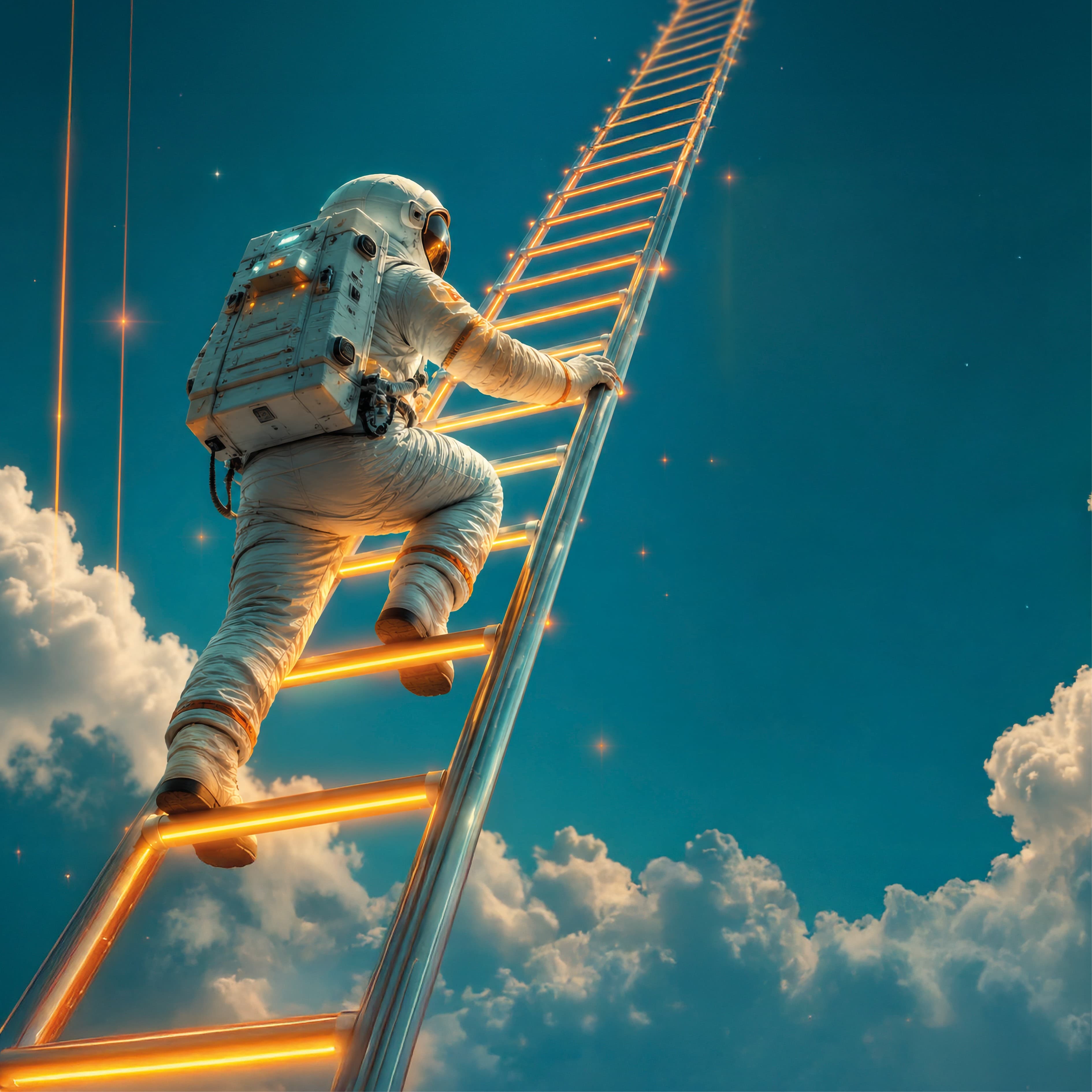 Ein Astronaut steigt eine leuchtende Leiter hinauf, die sich über die Wolken hinweg in den Himmel erstreckt, vor einem tiefblauen Hintergrund mit vereinzelten Sternen.