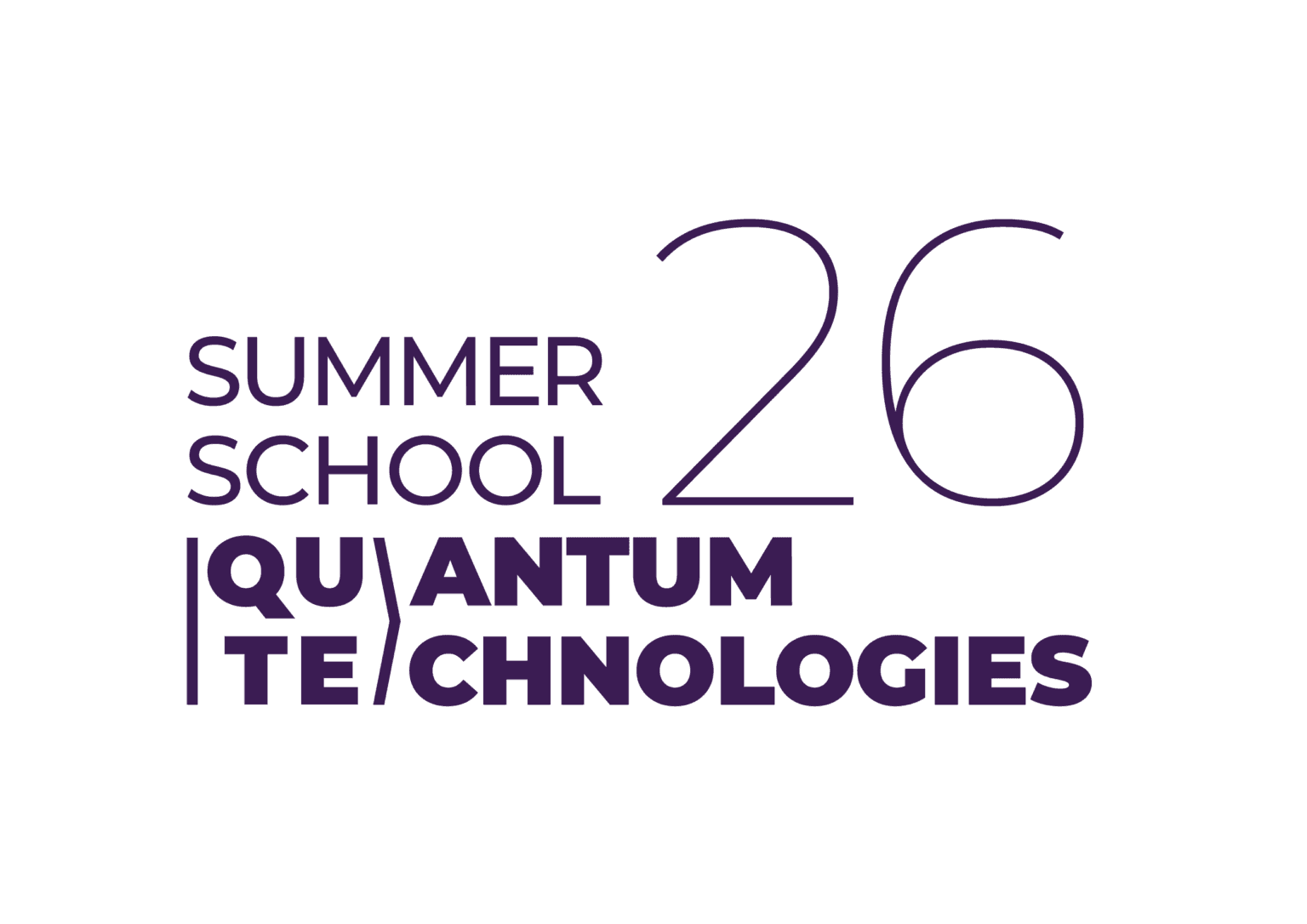 Der Text des Logos lautet: „Summer School 26 Quantum Technologies“, wobei „Quantum Technologies“ auf zwei Zeilen aufgeteilt ist. Fettgedruckte violette Schrift auf hellem Hintergrund.